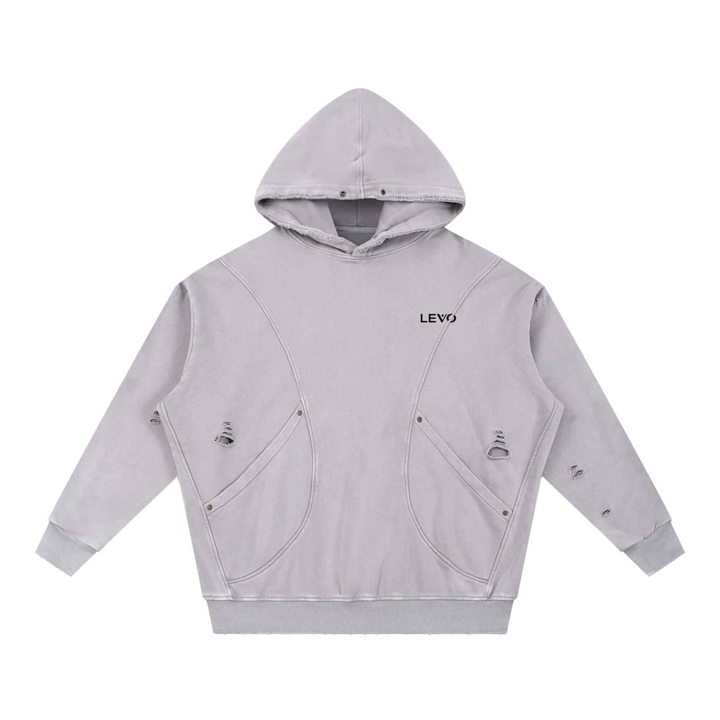Snow Washed Distressed Panel Pocket Hoodie