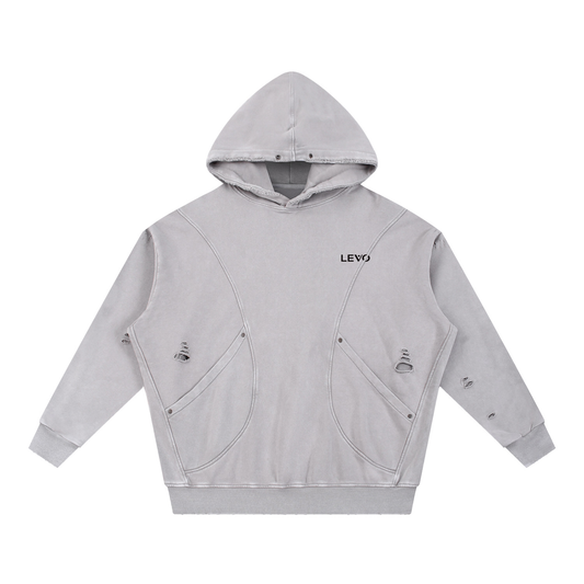 Snow Washed Distressed Panel Pocket Hoodie