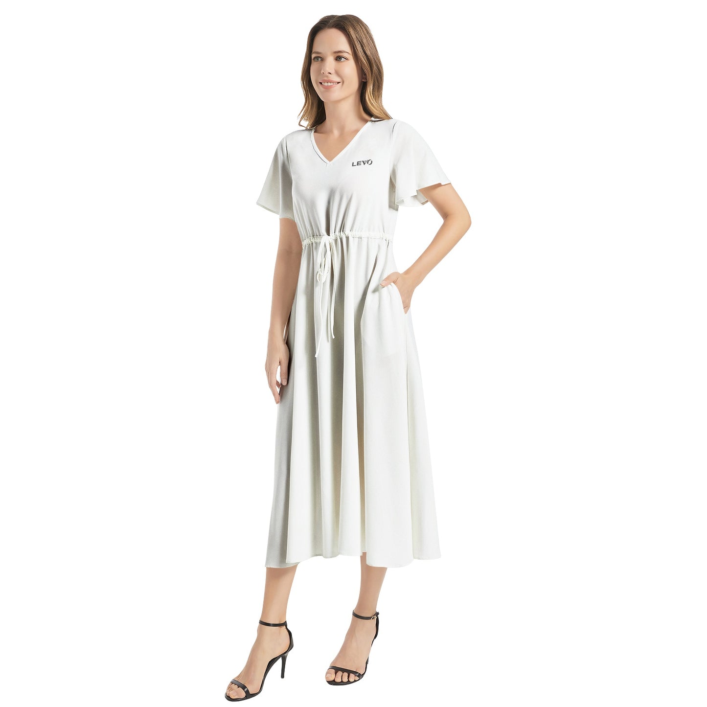 Flutter Sleeve Drawstring Waist Flared Dress