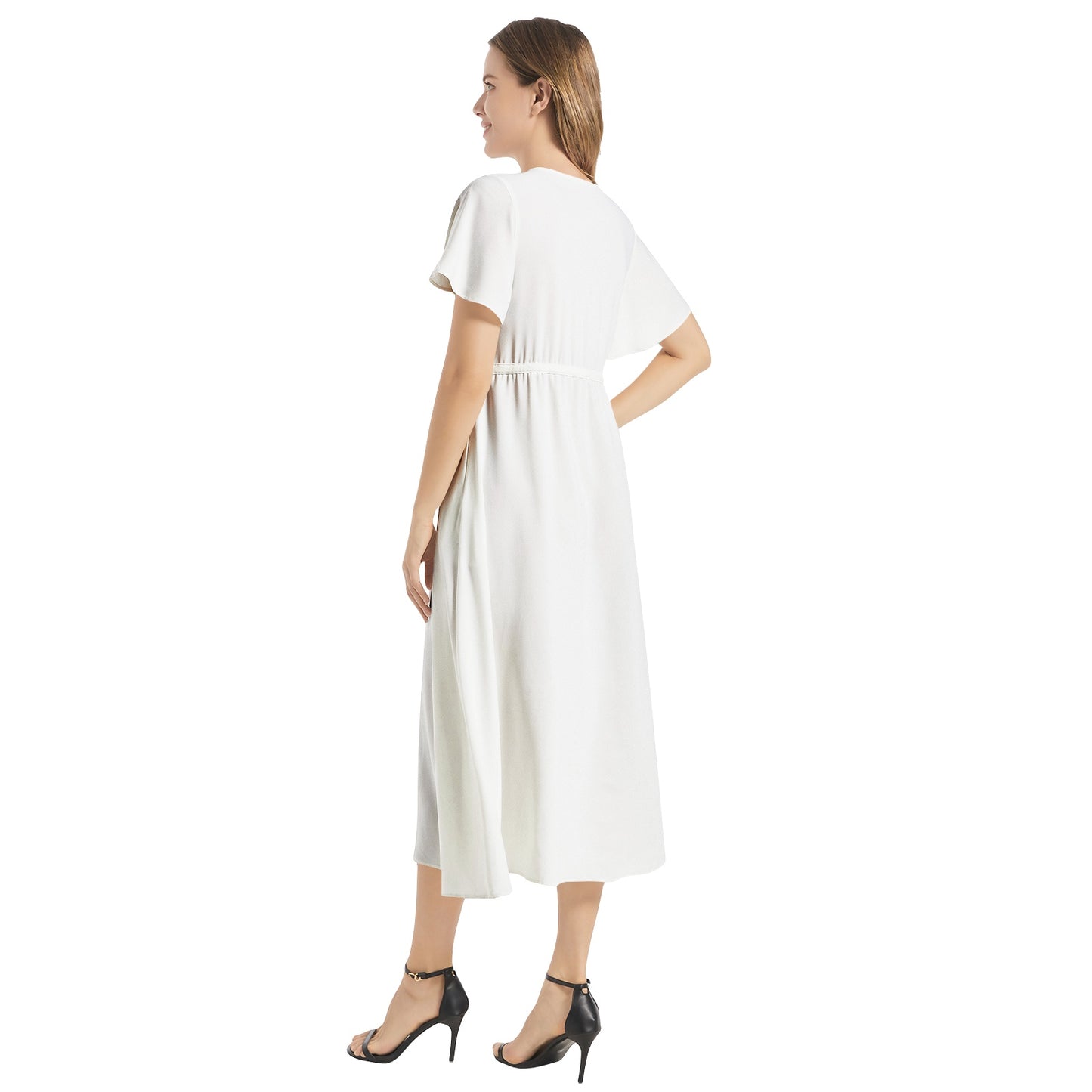 Flutter Sleeve Drawstring Waist Flared Dress