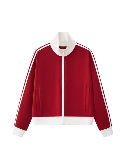 Contrast Side Stripe Fleece Cropped Track Jacket